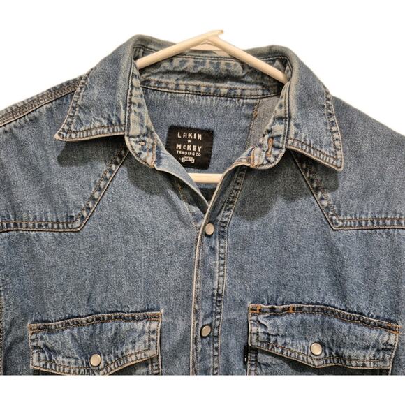 Lakin McKey Denim Western Shirt Pearl Snaps Men Medium Cotton Long Sleeves - Picture 2 of 10